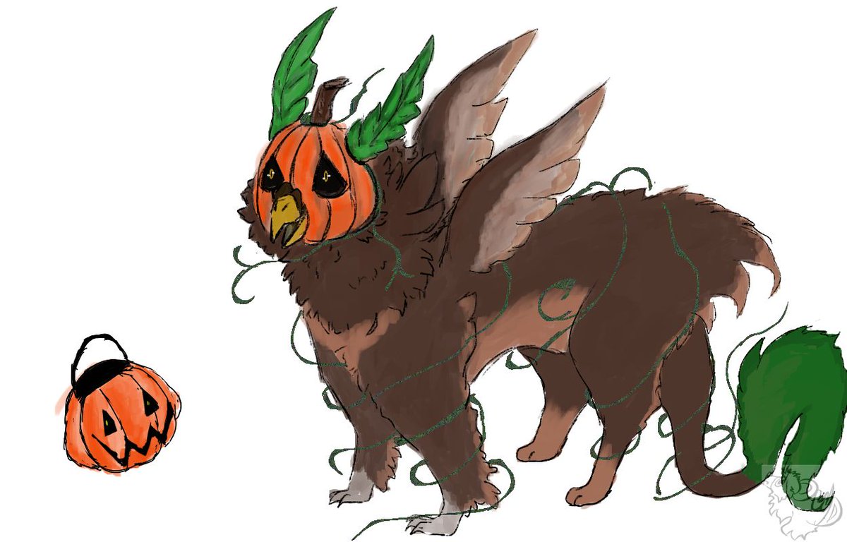 DestinyWinged's tweet photo. This is the last grab bag we got to do recently it was our pumpkin bag which was turned into a griffin!  
#spooky #pumpkin #leaf #griffin #bird #lion #adoptable #furry #artwork https://t.co/Qy72fOffNz
