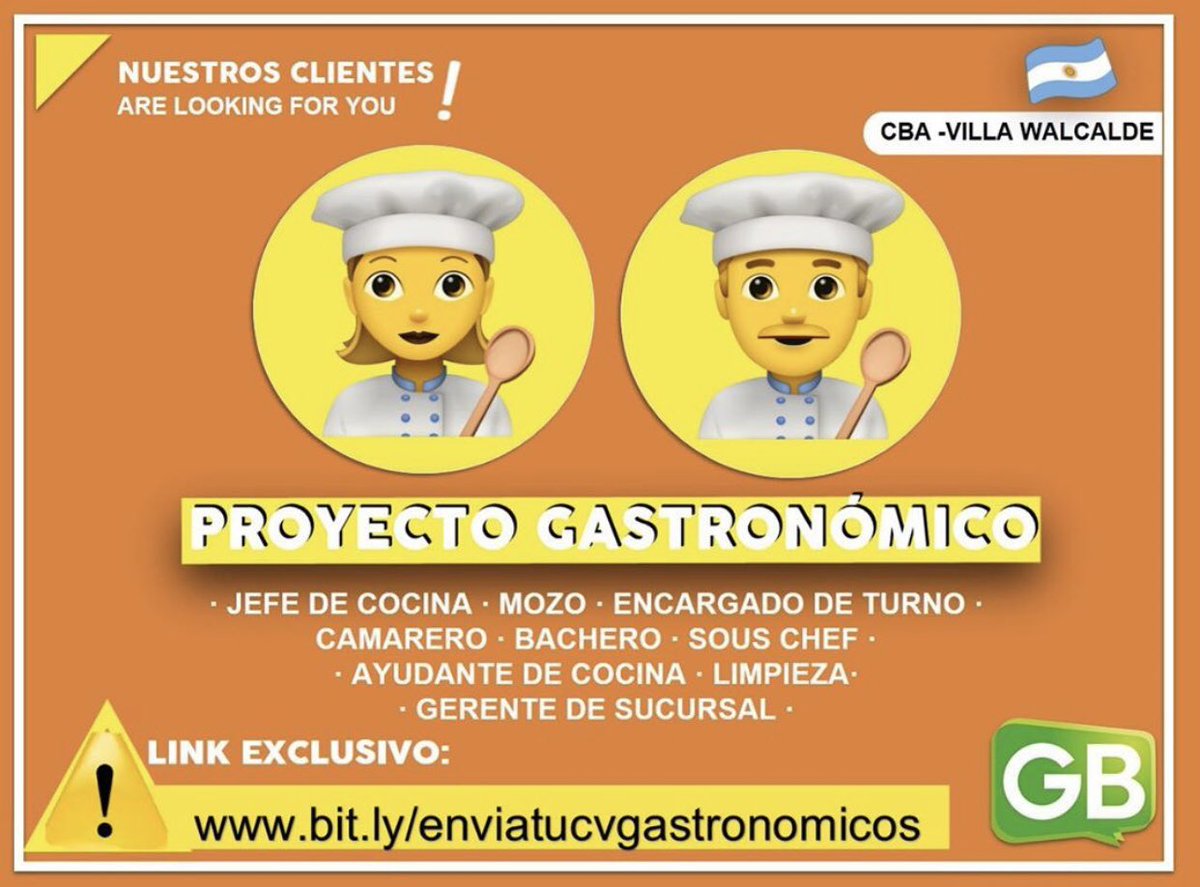 ¡BUENOS DÍAS! 

compartimos más búsquedas activas para importante proyecto gastronómico 🧑🏼‍🍳👩🏼‍🍳

- Jefe de Cocina
- Mozo
- Encargado de turno 
- Camarero
- Bachero
- Sous Chef
- Ayudante de cocina
- Limpieza
- Gerente de sucursal
