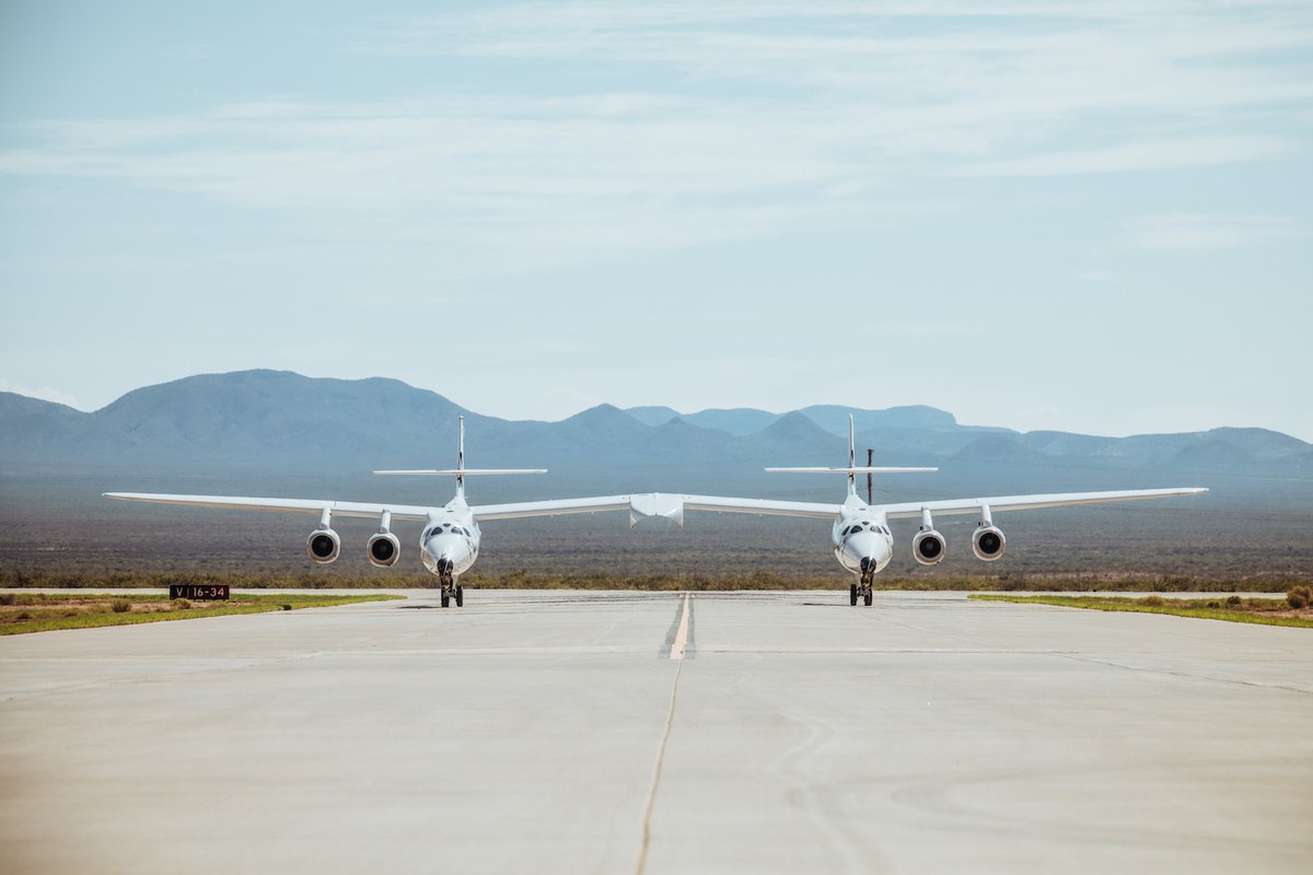 virgingalactic's tweet photo. We are planning two VMS Eve flights today from our commercial home at Spaceport America, New Mexico! Residents of Las Cruces and Truth or Consequences may get a chance to see our mothership in the skies as preparations for our next spaceflight continue. Stay tuned for more info. https://t.co/nU78E8KHQh