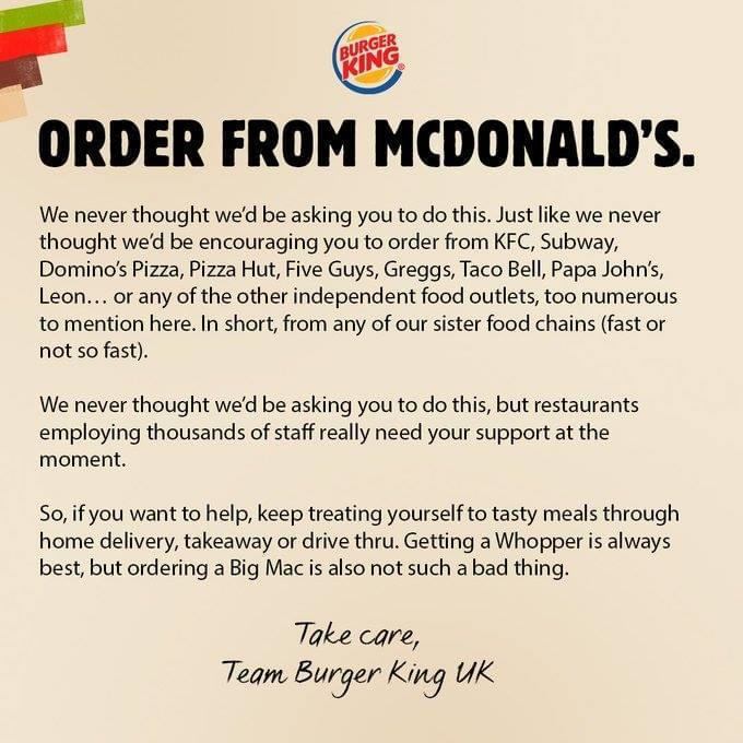 Ajay_Bagga's tweet photo. Great ad from Burger King asking consumers to order from its competitors, big and small and keep people employed and businesses running.
We could do with such empathy in all walks of life.
Big Salute to Burger King. https://t.co/a2h3gP1JJa