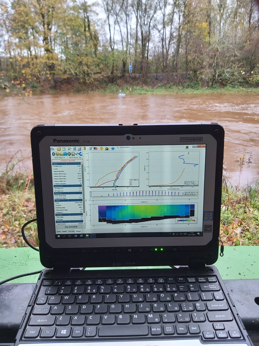 fraseranderso13's tweet photo. #hydrometry 135 cumecs at Shewalton gauging station, safe and accurate high flow measurements with #Sontek m9 and #cablefox https://t.co/RORVh56a7K