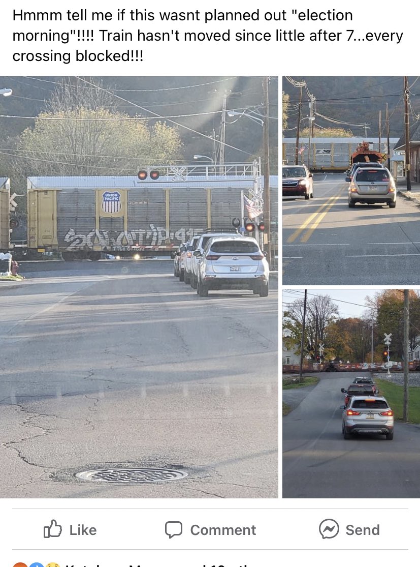 SkyeJonelle's tweet photo. @realDonaldTrump A train is blocking all three crossing in the town of Hyndman, Pa. keeping people from voting! https://t.co/JAHM1rwg41