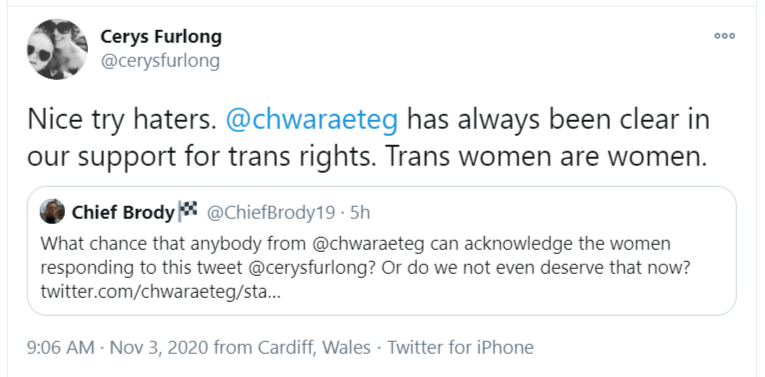 We are deeply disappointed to see this divisive language from the CEO of Chwarae Teg, and the failure to address the valid points raised in response to the organisation’s poorly worded tweet yesterday. 1/