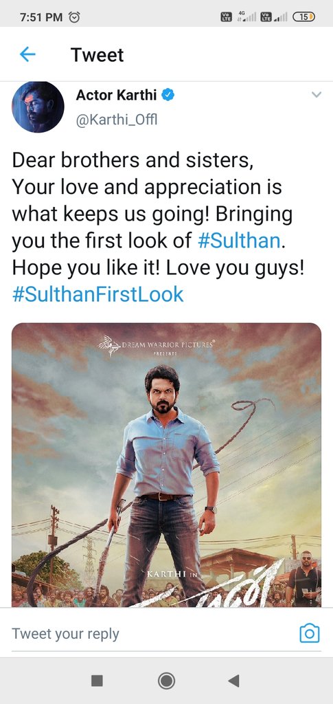 TeluguKarthiFC's tweet photo. Our Angry hero #Karthi Anna Tweet 🔥🔥 First Look Poster Hits 50K Likes 😎💥
@Karthi_Offl | @prabhu_sr
#Karthi #Sulthan #SulthanFirstlook https://t.co/uBYPzfISoJ