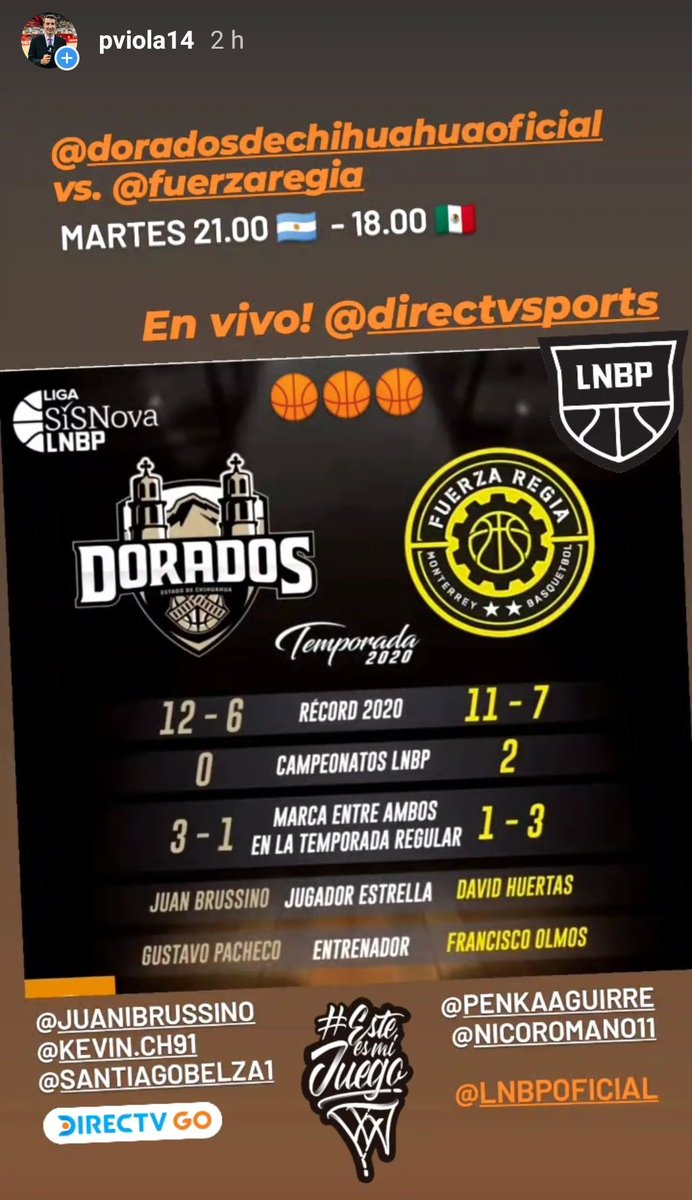 pviola14's tweet photo. Arrancan los playoffs de la Liga Sisnova 🇲🇽 y se viven por @directvsportsar 614-1614HD. A las 21.00 🇦🇷, @DoradosChih vs. @Fuerza_Regia. Los argentinos: @NicoRomano04, @penkaguirre7, @kevin_ch91, @BrussinoJuan, @santiagobelza. @SergioGanemLNBP @SergioGanem #Básquetbol 🏀🏀🏀 https://t.co/JsW1EjYJqW