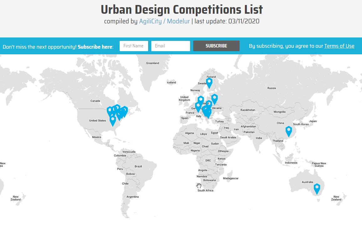 Modelur's tweet photo. We are announcing a WORLD MAP OF URBAN DESIGN COMPETITIONS. You can now easily access the global list of selected Urban design and masterplan competition calls, presented visually on an interactive map! https://t.co/smXj5cXSh7 https://t.co/OtKoZCJOhy