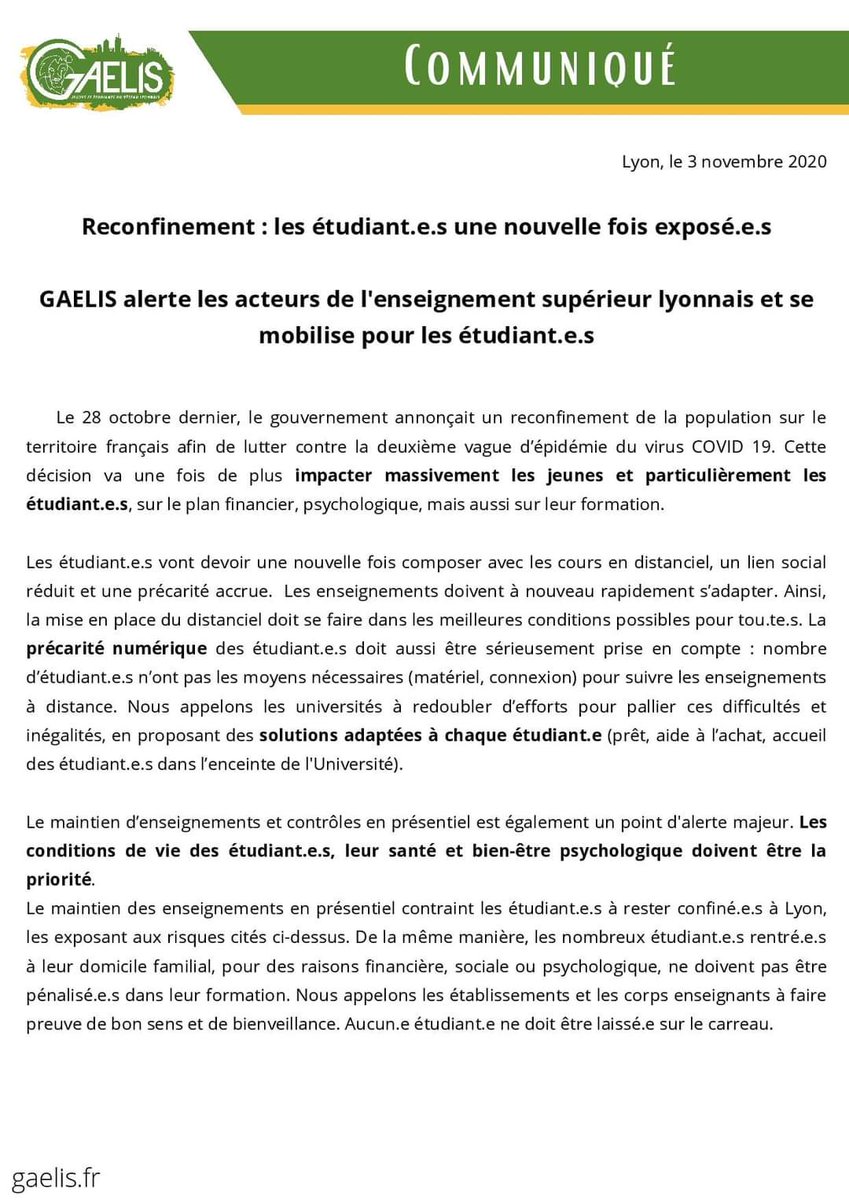 GAELIS_Lyon's tweet photo. 🔴 Communiqué de presse 📢

Reconfinement : les étudiant.e.s une nouvelle fois exposé.e.s

GAELIS interpelle les collectivités et établissements sup : précarité, fracture numérique, isolement...tous les moyens doivent être mobilisés. 

https://t.co/F8eHO6IHUh https://t.co/suZQVO2chG