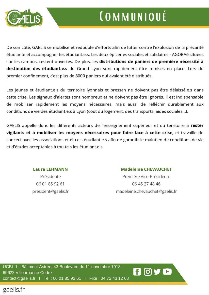GAELIS_Lyon's tweet photo. 🔴 Communiqué de presse 📢

Reconfinement : les étudiant.e.s une nouvelle fois exposé.e.s

GAELIS interpelle les collectivités et établissements sup : précarité, fracture numérique, isolement...tous les moyens doivent être mobilisés. 

https://t.co/F8eHO6IHUh https://t.co/suZQVO2chG