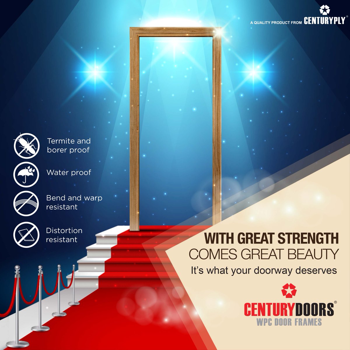 CenturyPlyIndia's tweet photo. Give your doors the advantage of strength with CenturyDoors WPC Frames! Made with polymers reinforced with wood powder, our super durable door frames provide complete protection from water damage & borer/termite attacks.
#CenturyDoors #WPCDoorFrames #Strong #Durable https://t.co/LxwzqtCSf2