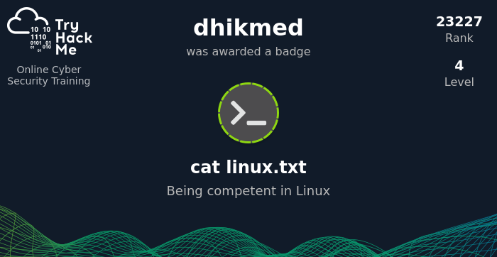 cowdex's tweet photo. I've earned the cat linux.txt Badge on TryHackMe for Being competent in #Linux, it's an awesome platform that can help get familiar with the basic concepts of #system_administration and #infosecurity in general.
https://t.co/e0ZfixRmSu #tryhackme via @tryhackme https://t.co/2pfdcbEdin