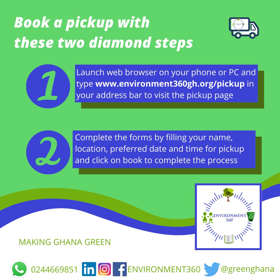 GreenGhana360's tweet photo. #WeDey4You. "As we foresee a lot of rains, recycling your plastics and papers will contribute in mitigating flood issues to some extent"-Phebe Akua Frimpomaa, 2017. Follow these 2 diamond steps to book a pickup with ease at your comfort.
#E360 #PickUpMadeEasy #Recycling https://t.co/iJuUvsBZ7a