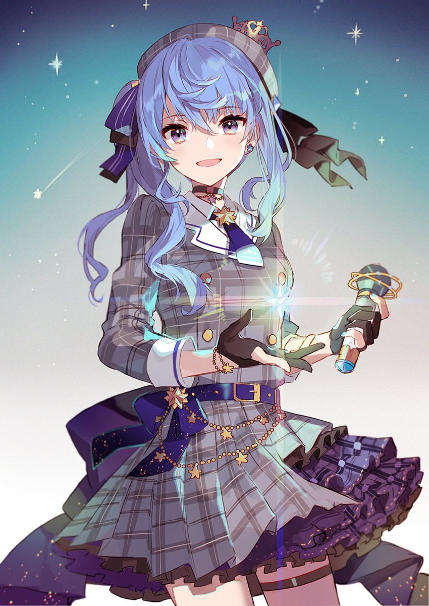 hoshimachi suisei 1girl solo blue hair gloves hat beret microphone  illustration images