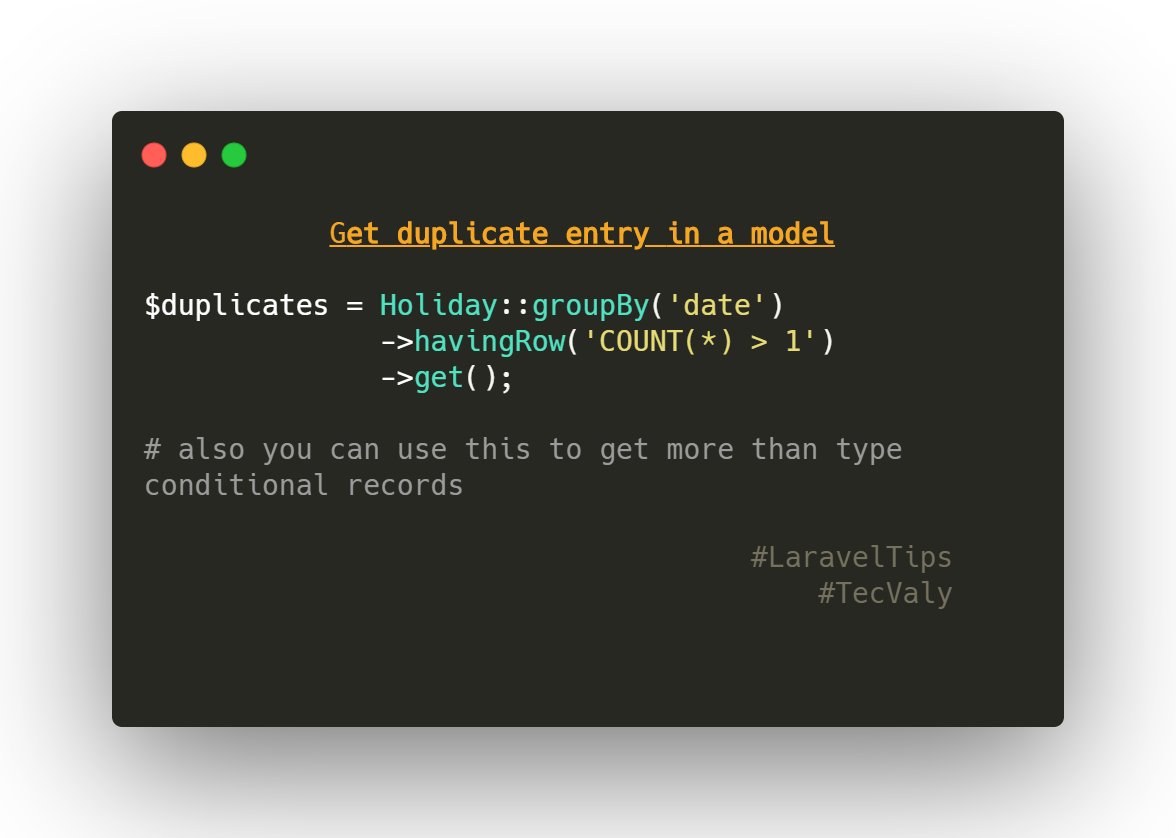 erakibulislam's tweet photo. Get duplicate entries in your model!
#LaravelTips #laravel #laraveldeveloper #LaravelDevelopment #php #softwaredevelopment #software #phpdev #DEVCommunity #devgeeks #TodaysTips #100DaysOfCode #100daysofcoding https://t.co/DNv3FvJHHS