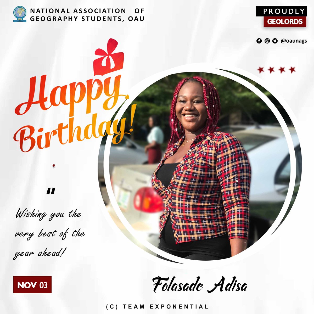 oaunags's tweet photo. On your birthday we wish you the very best of the year ahead, long life and prosperity in sound health. Cheers @rheelshadie
#happybirthday #proudlygeolords #pacesetters #oauife #oaunags #teamexponential #nov3 https://t.co/aLC4Koflwk