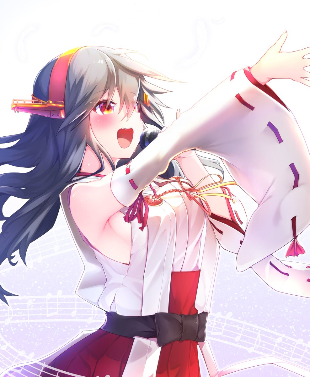 haruna (kancolle) 1girl solo long hair headgear detached sleeves singing music  illustration images