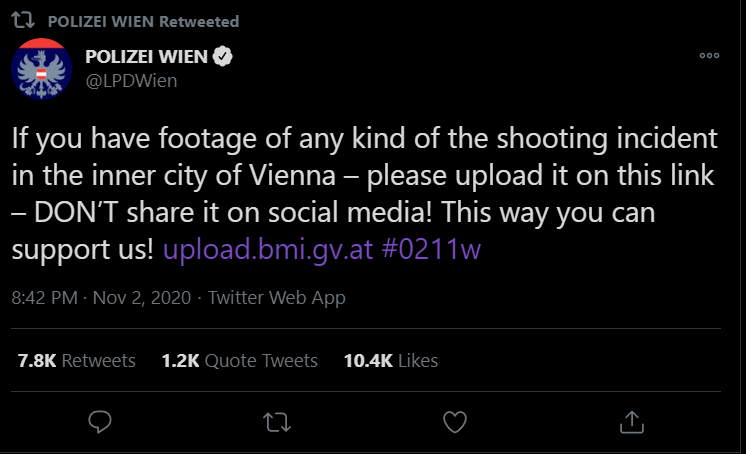 As the attack unfolded the local police force issued a vast array of tweets in multiple languages. One of the most prominent being a request to not share any videos or images of the attackers.