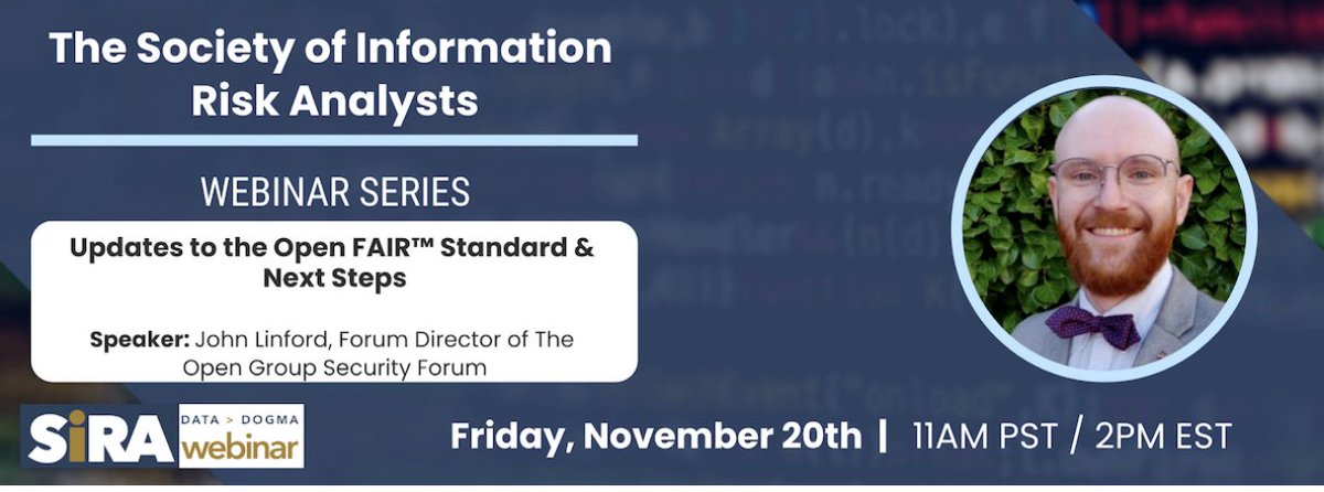 TheOpenGroup's tweet photo. Join John Linford, Forum Director @ogSecurityForum to learn about the The Open Group updates to the Open FAIR™ standard @OpenFAIRtm. @societyinforisk Webinar: https://t.co/uOxpUKfqK7 https://t.co/GkNjOyNZv7
