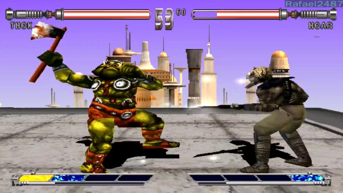  #TheMandalorian   Star Wars: Masters of Teräs Käsi (LucasArts, 1997) saw several characters clash, including Boba Fett, Jodo Kast (Mandalorian armor), Hoar (Tusken Raider) and Thok (Gamorrean guard). Funny coincidence, or not.Solo (2018)  @JonKasdan script also referred to it.