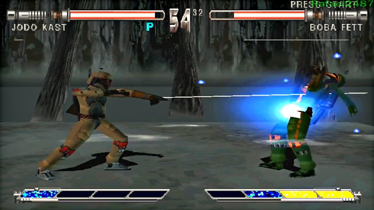  #TheMandalorian   Star Wars: Masters of Teräs Käsi (LucasArts, 1997) saw several characters clash, including Boba Fett, Jodo Kast (Mandalorian armor), Hoar (Tusken Raider) and Thok (Gamorrean guard). Funny coincidence, or not.Solo (2018)  @JonKasdan script also referred to it.