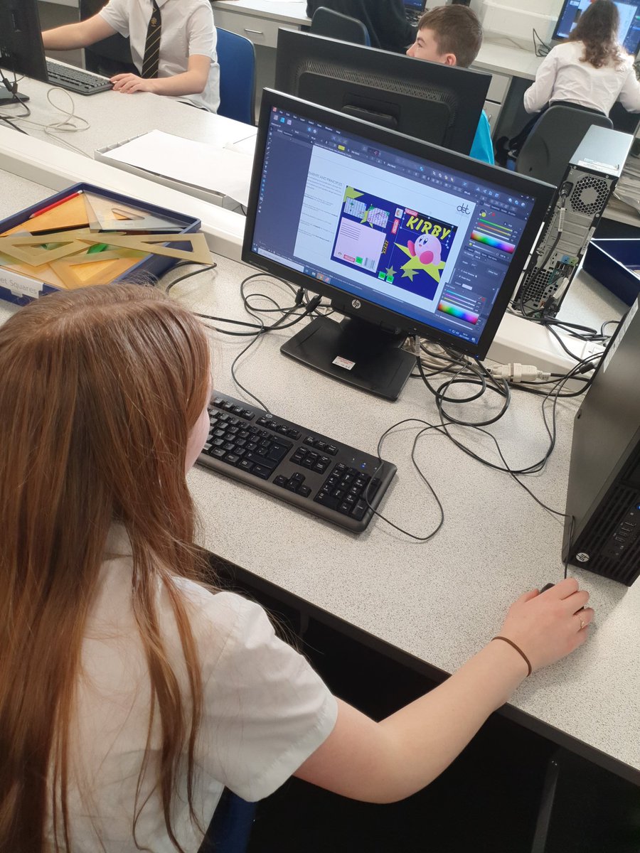 DHSDET's tweet photo. S2 Retro game cover design task going great. Transition from serif publisher to the #affinitydesignsuite is going very well! #graphcomm #bge @DunfermlineHS https://t.co/zvKnefshY8