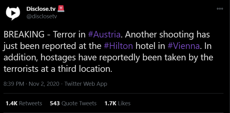 The first source (that I came across) suggesting that there was an ongoing hostage situation in a Hilton hotel was from this account.Throughout the night this account and others like it tweeted an array of announcements as to what was going on. Filling this information vacuum.