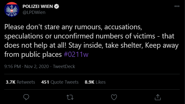 The police, no doubt aware of the misinformation cascade underway on multiple social media platforms attempted to wrest back control. Their calls for restraint, critical examination of media, and a halt to the spreading of further misinformation was lost in the rising tide.