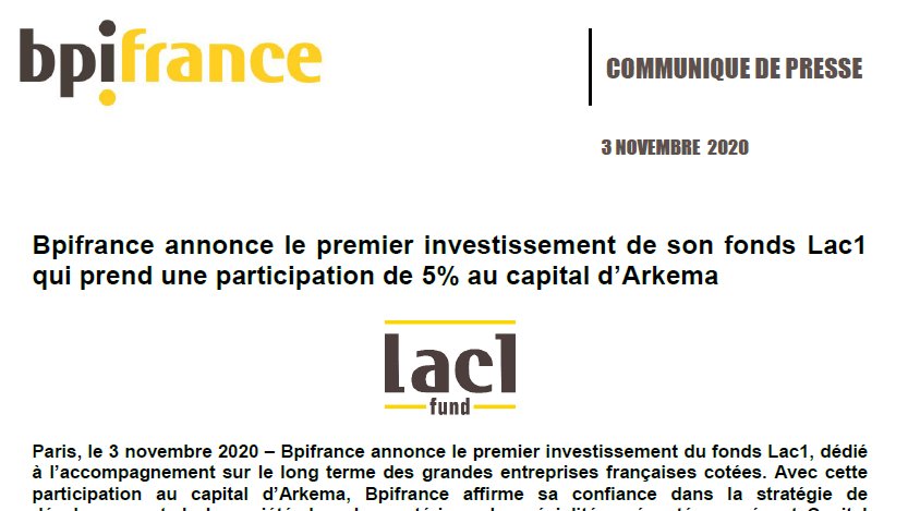 BpifrancePresse's tweet photo. .@Bpifrance annonce le premier investissement de son fonds #Lac1 qui prend une participation de 5% au capital d’@Arkema_fr, champion 🇫🇷 du secteur de la chimie.
👉https://t.co/Ate1L1Hrb6 https://t.co/7TaWTS4ixb