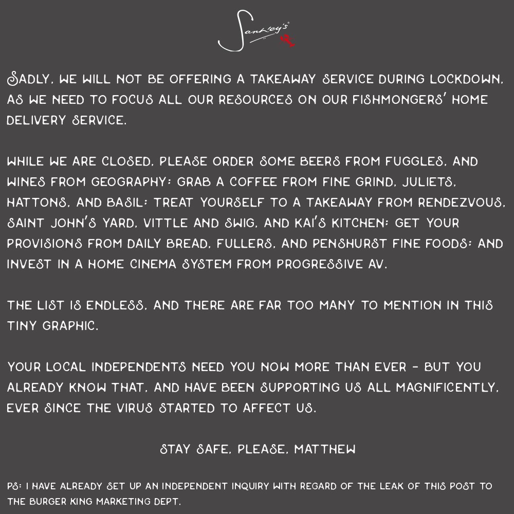 A message from Matthew Sankey 🦞

<a href="/FishLocalGB/">Fish Local</a> #lockdown2 #lovelocal #locallove #lovewhereyoudwell #lovewherewelive #localbar #barfood #stayhomesavelives #lovewherewelive #localfoods #shoplocally #buysmall #foodtogo #eatathome #localeats #keepitlocal #supportingsmallbusinesses