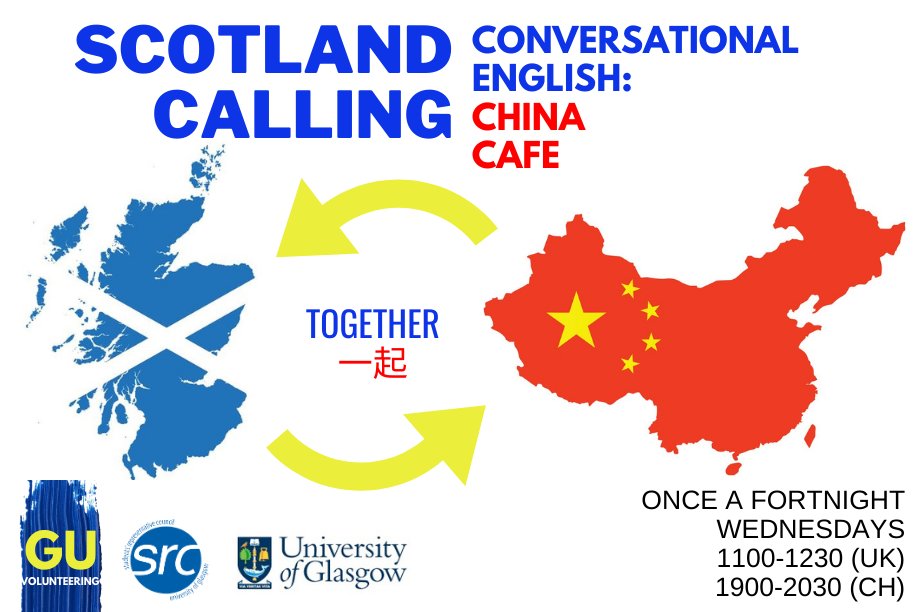 srcvolunteering's tweet photo. Hey @UofGlasgow Chinese students 👋 Wherever you're studying, if you're looking to improve your spoken English and want to meet someone new, come join us at the Conversational English: China Cafe 👇

https://t.co/Qg2UBfmhzT

#ayevolunteer #TeamUofG #gusrc 💛 https://t.co/IUTeNIEZKq