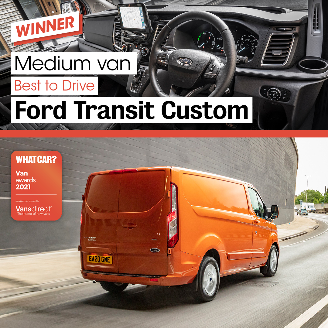 whatcar's tweet photo. It scarcely matters whether it is bedecked in the bold ‘go-faster’ stripes of the Sportvan variant or is wearing the green leaf of an Econetic badge; the @forduk Transit Custom delivers a rousing drive whichever version you’re in.

#VanAwards2021 https://t.co/SF88cNgPPp