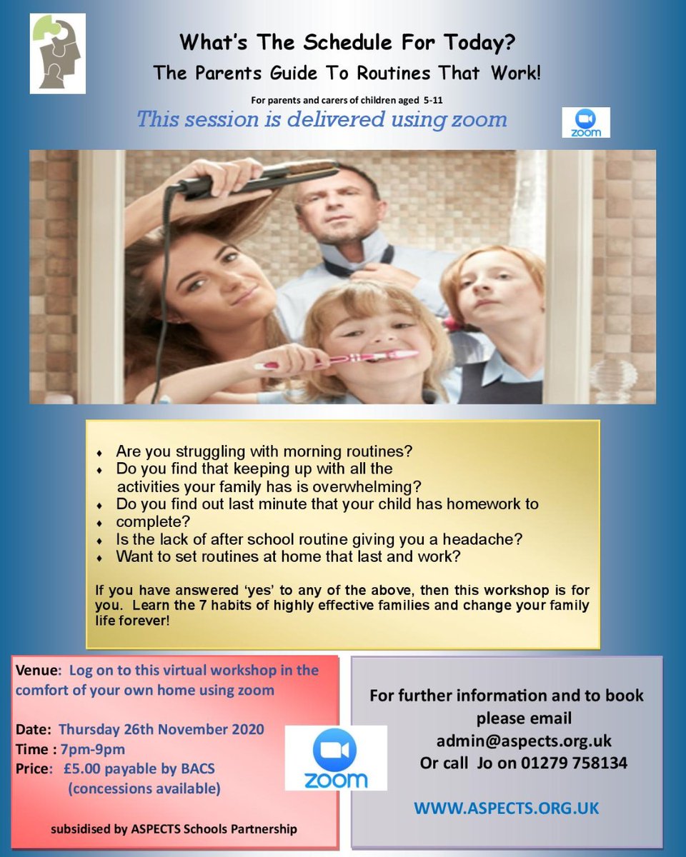 Workshop booking now for parents and carers of children that attend one of our subscribing schools
The Parents Guide To Routines That Work
Join us for this online  interactive workshop hosted by @sharonnatflair 

For booking information please email admin@aspects.org.uk