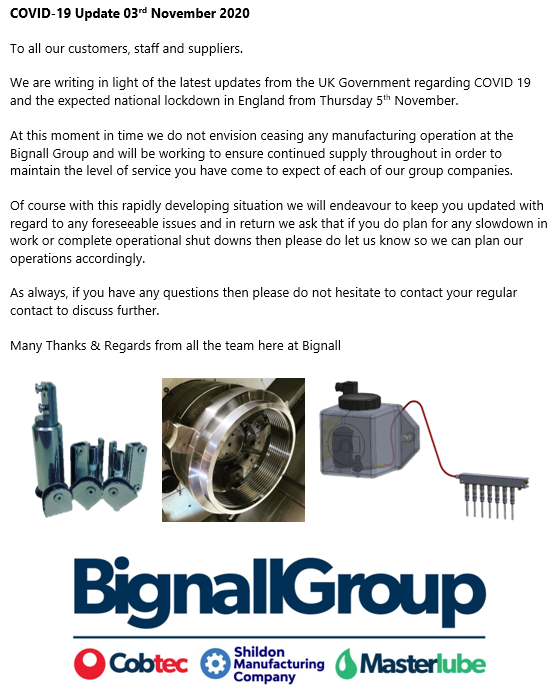 BignallGroup's tweet photo. now • Just now
An update with the developing situation with regard to #Lockdown2

In short, we are planning for business as usual but as always we remain at the end of the phone so please don't hesitate to get in touch for any queries.

Many Thanks
Team Bignall

#covid19 #update https://t.co/hCLQDGzKZw