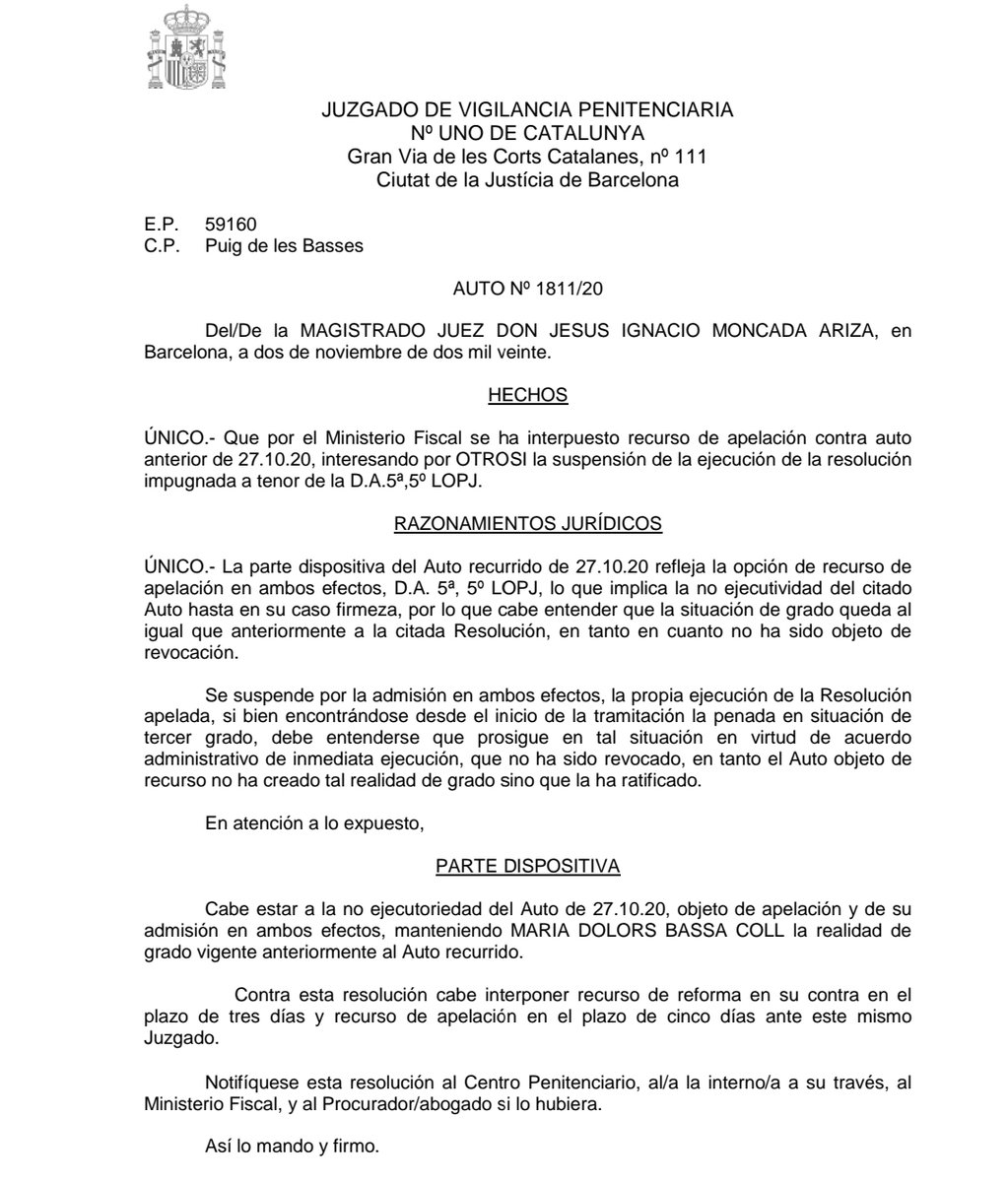 🔴 ÚLTIMA  HORA!!! El juez de vigilancia penitenciaria 1 de Cataluña no suspende el tercer grado de <a href="/ForcadellCarme/">Carme Forcadell Lluís</a> ni de <a href="/dolorsbassac/">Dolors Bassa</a> pese al recurso de fiscalía ante el Tribunal Supremo que pedía la suspensión inmediata | <a href="/linformatiu_tve/">L’Informatiu</a> <a href="/telediario_tve/">Telediarios de TVE</a> <a href="/rtvenoticias/">RTVE Noticias</a>