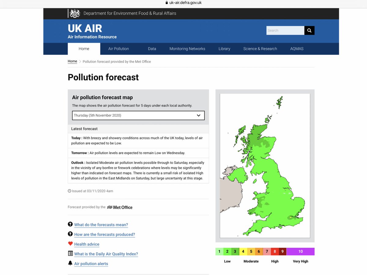 6/. Tuesday morning (3/11) (Day 6) |  @DefraGovUK  @metoffice trying with their written forecast but let down badly by models/maps that don't include urban roadsides.  @CopernicusEU re-confirms nasty particle  #AirPollution episode starting Wednesday.  #BanBonfires  #BanFireworks now!
