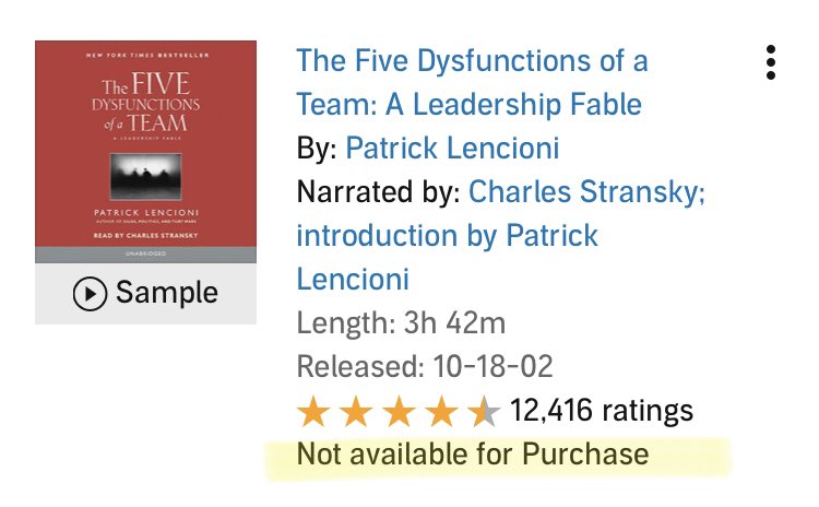 CoenWelsh's tweet photo. @patricklencioni I want to listen to your book #TheFiveDysfunctionsOfATeam but @audible_com removed your book from my region. #NoReason given. #sorrynotsorry says @audibleuk @BrendanIhmig https://t.co/y2z3GZMQtS