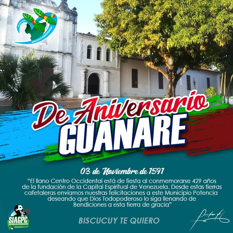 El Llano Centro Occidental está de fiesta al conmemorarse los 429 años de la fundación de la Capital Espiritual de Vzla #Guanare. Desde las tierras cafetaleras de #Biscucuy enviamos nuestras felicitaciones a este Municipio Potencia deseando q Dios lo siga llenando de bendiciones