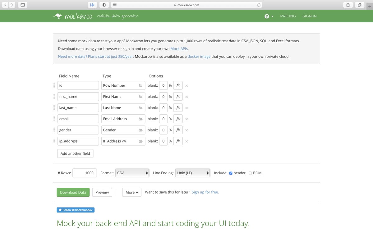 Service très facile à utiliser pour générer des données fictives: mockaroo.com