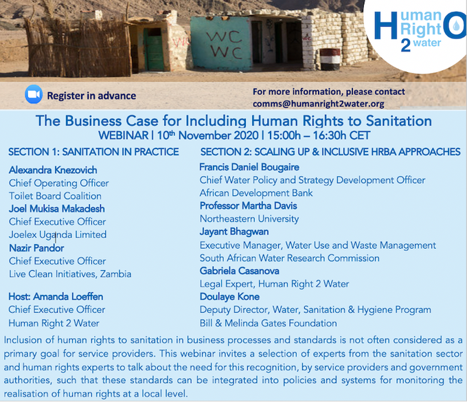 JoelexUganda's tweet photo. Does investment in water and sanitation make good sense?๐ค
Join this webinar on 10th/Nov, as we feature on the discussion of how inclusion of the right to sanitation can help elevate business? #HumanRights & #sanitations #COVID19
@human_water @LiveCleanZM @TheToiletBoard https://t.co/ZIKNl619FY