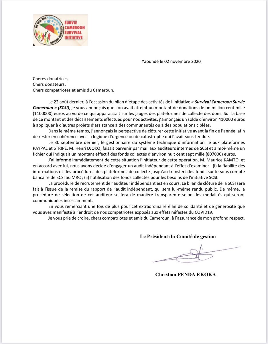 Communiqué du Président du comité de gestion Mr <a href="/EkokaPenda/">Christian Penda Ekoka</a>.