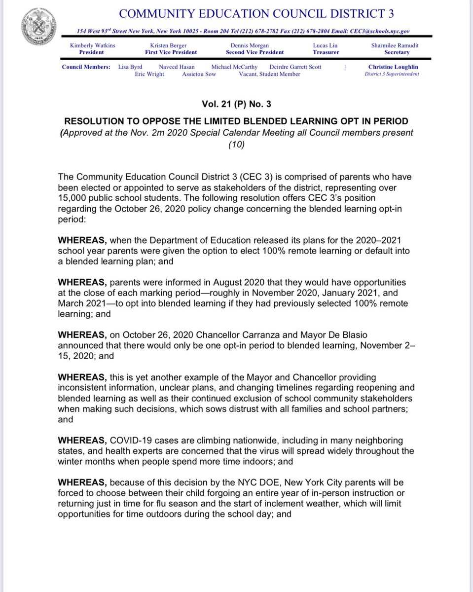CEC3NYC's tweet photo. Unanimous passing of resolution to oppose the @NYCMayor @DOEChancellor policy of limiting the opt-in period from remote learning to blended. Thank you @christineloug14 for your help with Q’s &amp; @HelenRosenthal @galeabrewer @LindaBRosenthal @SenatorSerrano @bradhoylman for joining. https://t.co/Gg5LxeYlc8