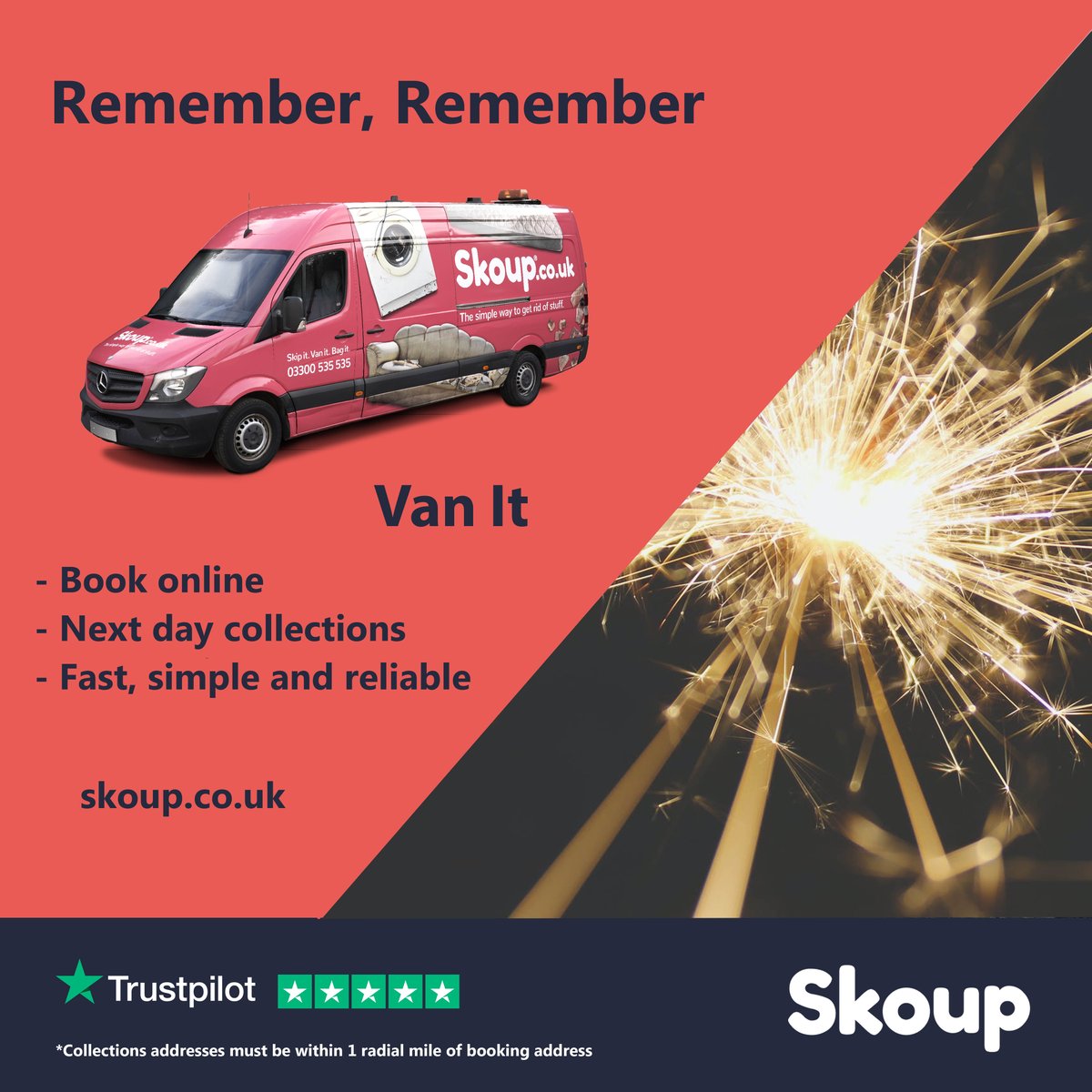 🎆🔥Remember, remember the #5thNovember and to...

Book a waste collection with Skoup to make sure any garden waste, broken furniture or other unwanted items are cleared from your bonfire area to avoid more woes this month. 👨‍🚒🚒 
#BonfireNight #FireSafety #GuyFawkes