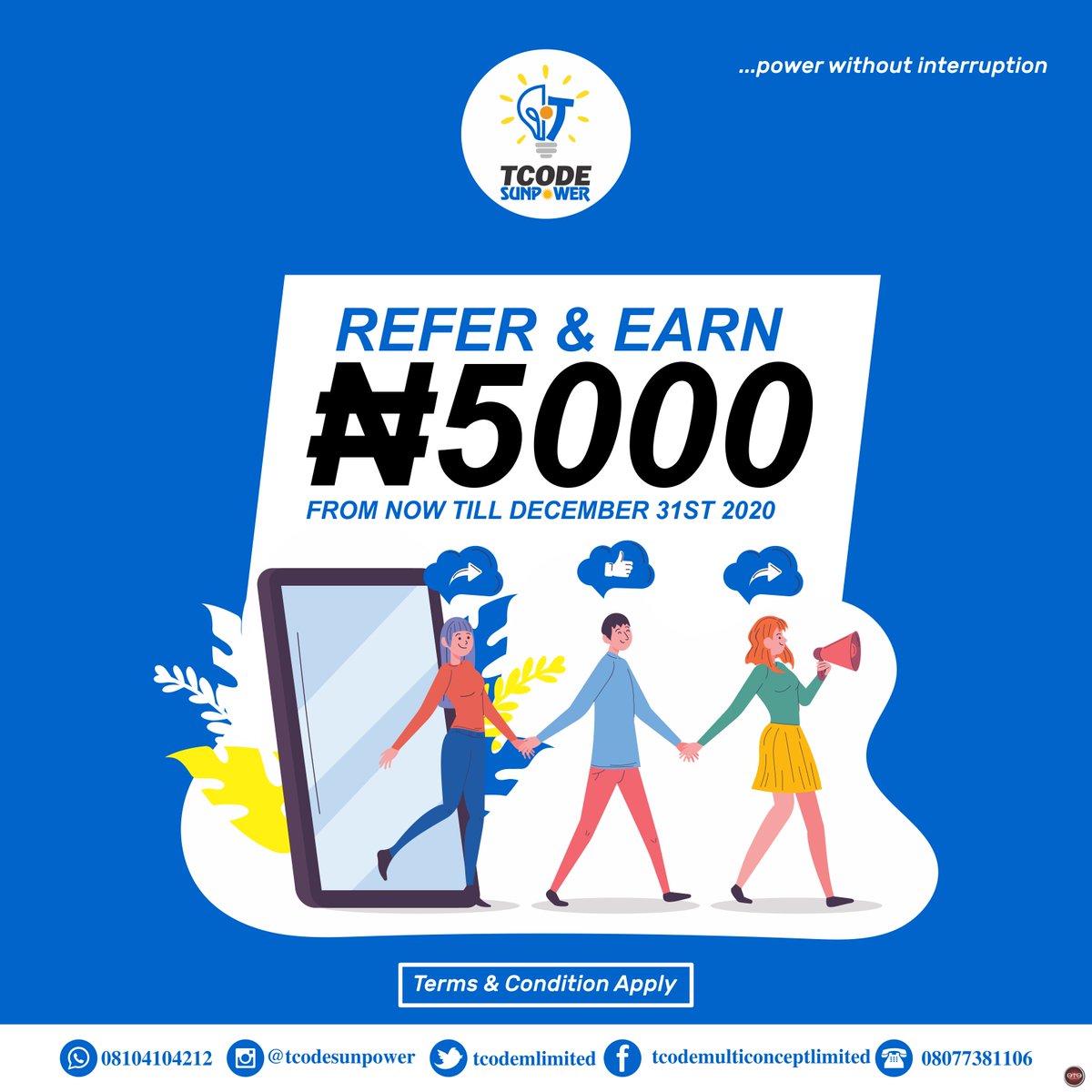 tcodemlimited's tweet photo. We are running a bountiful PROMO! on our #Tcodesunpower only. Just Refer & Earn #5000 from November till 31st of December, 2020. T & C apply.
#GoSolar #SolarEnergy #Tcodesunpower #Nigeria #energyefficiency #Abeokuta #ReliableEnergy #SolarInNigeria #InverterNigeria https://t.co/0vRZQgZpKT