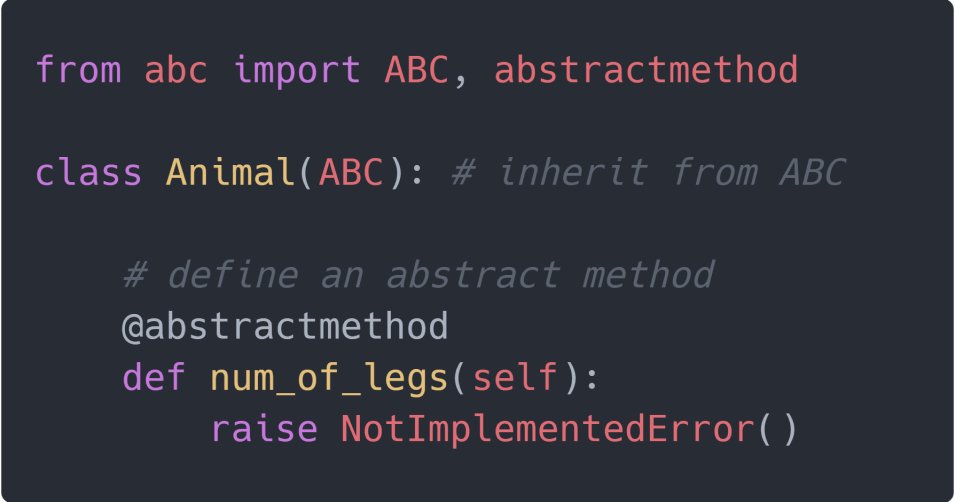Import ABC and abstractmethod from the abc module.Then, write a class that inherits from ABC.Define any methods you want to force subclasses to implement as  @abstractmethod and don't implement them.