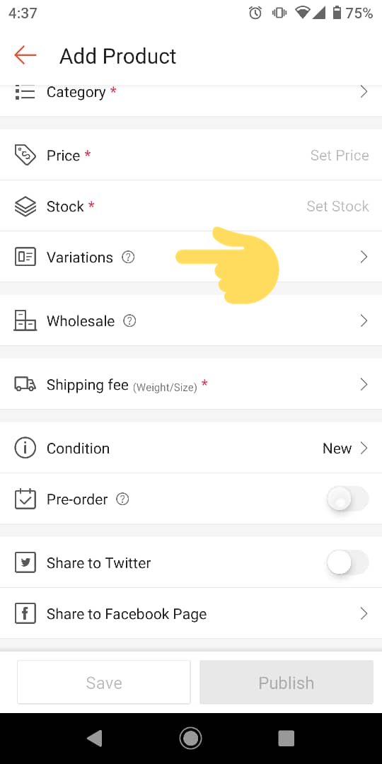 5. untuk price and stock letak laa harga koranggg macam biasa. if korang ada option contoh nak spicy or original. tekan “VARIATION”kat bawah ni contoh variations i. korang boleh letak harga lain lain.