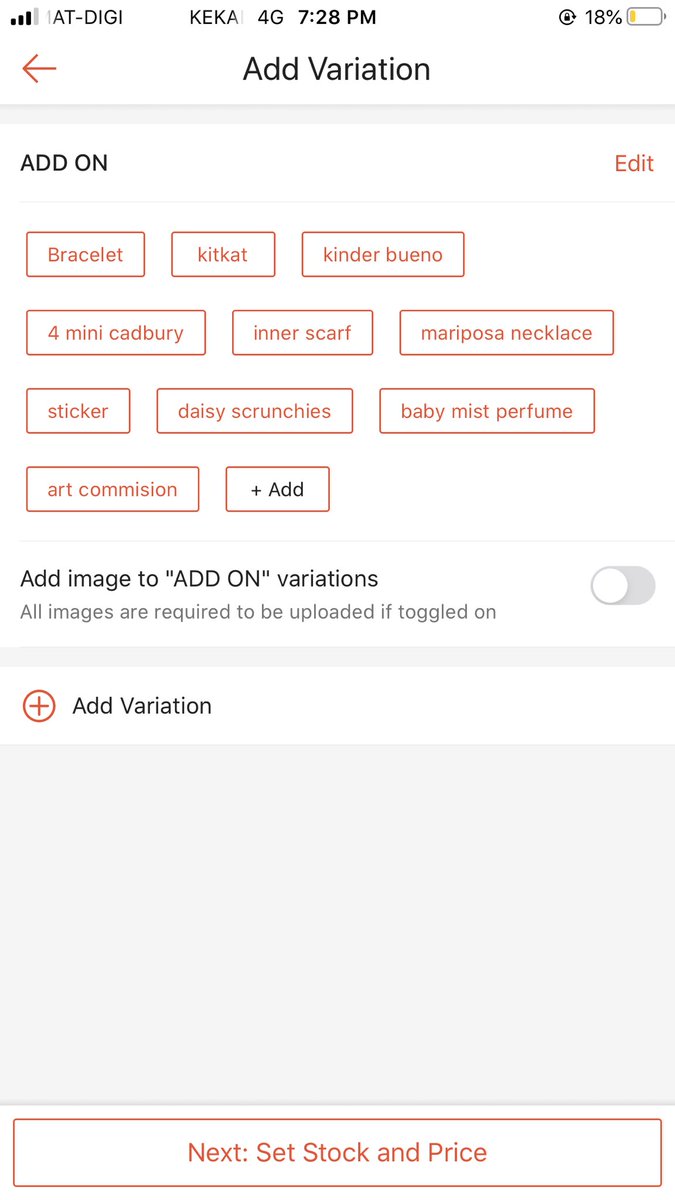 5. untuk price and stock letak laa harga koranggg macam biasa. if korang ada option contoh nak spicy or original. tekan “VARIATION”kat bawah ni contoh variations i. korang boleh letak harga lain lain.
