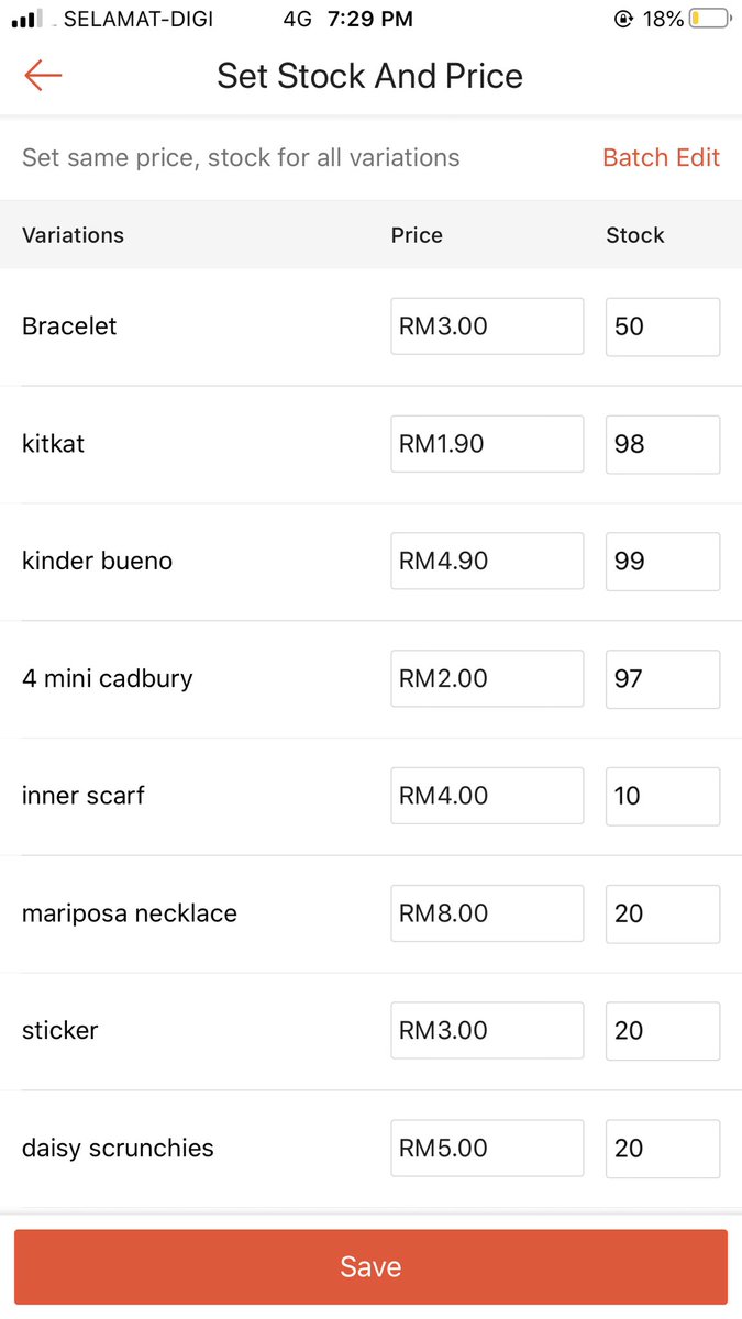 5. untuk price and stock letak laa harga koranggg macam biasa. if korang ada option contoh nak spicy or original. tekan “VARIATION”kat bawah ni contoh variations i. korang boleh letak harga lain lain.