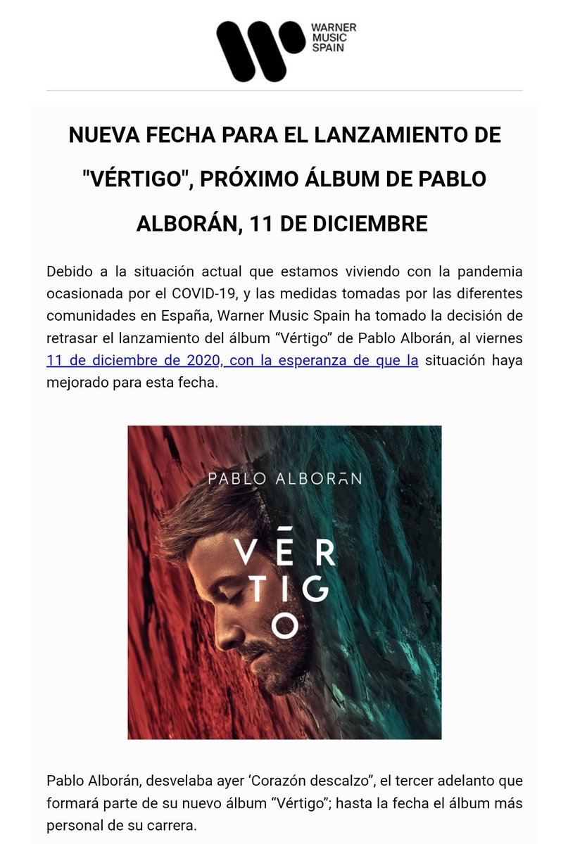 AlboranTeam's tweet photo. ⚠️COMUNICADO OFICIAL⚠️
Lamentamos informar que debido a la situación actual ocasionada por la pandemia del COVID-19, se ha tomado la decisión de retrasar el lanzamiento del álbum #Vértigo de @pabloalboran del 6 de noviembre al ➡️ 11 de diciembre 👉🏼 https://t.co/bpveiciPpZ.
⬇️⬇️⬇️ https://t.co/w6LWuXjiHV