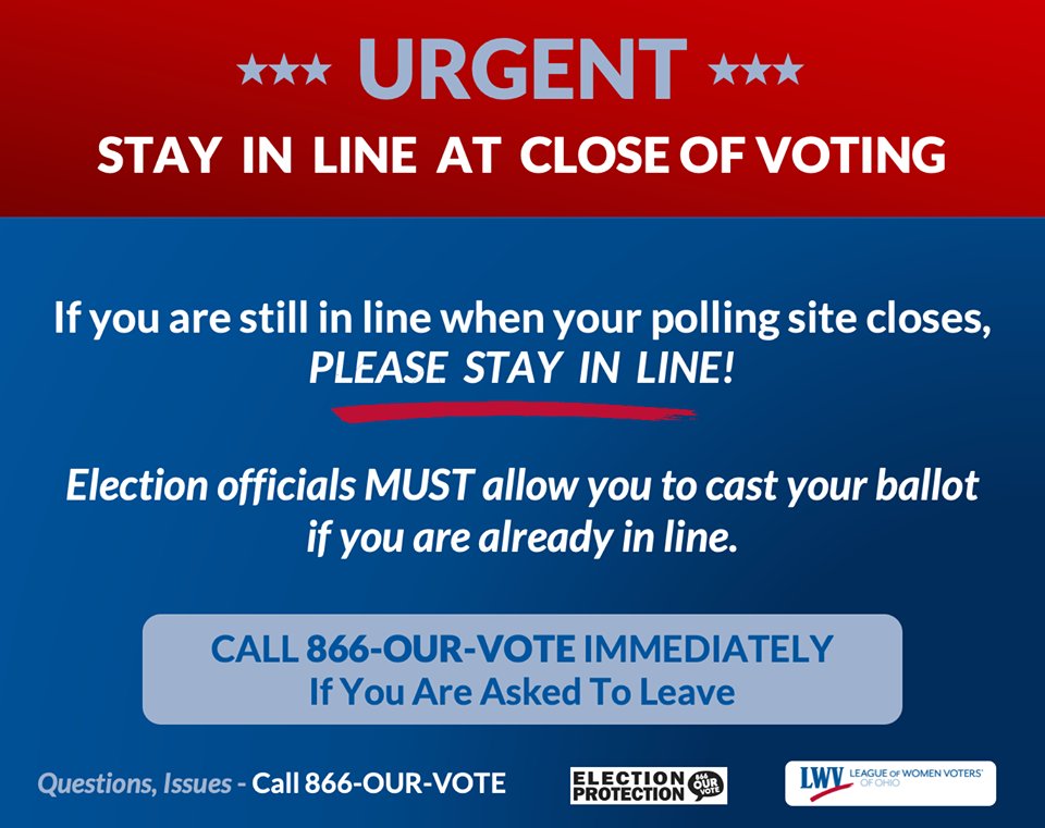 lwvohio's tweet photo. 🚨 URGENT 🚨
Voting Day hours on Tuesday Nov 3 are 6:30 a.m.-7:30 p.m.
You MUST be allowed to cast your ballot if you were already in line when the site closed.
CALL 866-OUR-VOTE if officials tell you that you CANNOT vote.
Election Day Polling Locations: https://t.co/4As7KvAiDi https://t.co/RsXizu5d8D