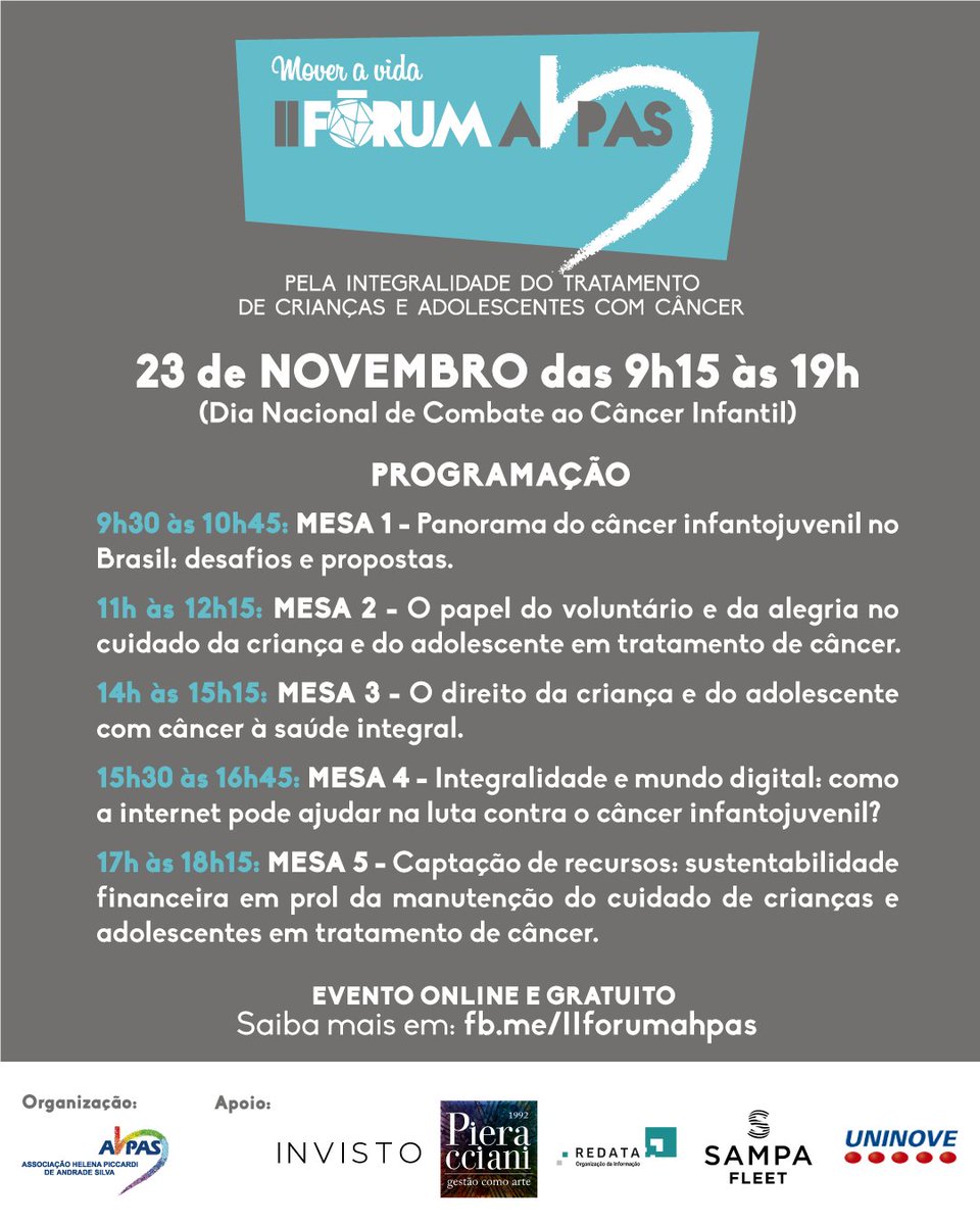 ahpas's tweet photo. No dia 23/11 acontecerá o Mover a Vida – II Fórum AHPAS pela integralidade do tratamento de crianças e adolescentes com câncer! Confira nossa programação completa: https://t.co/pPl83pkGxP