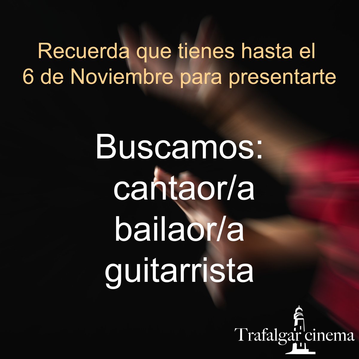 TrafalgarCinema's tweet photo. 💃🕺 Recuerda que tienes hasta el 6 de Noviembre para presentarte si eres cantaor/a, bailaor/a o guitarrista
👉 https://t.co/ybV0jsTggR 👈
#elcinequeemociona #news #noticias #cine #Jerez #flamenco https://t.co/0f3jXROmTg